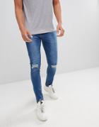 Boohooman Skinny Jeans With Rips In Mid Wash Blue - Blue