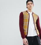 Asos Design Tall Knitted Bomber Jacket In Burgundy And Mustard Check - Multi