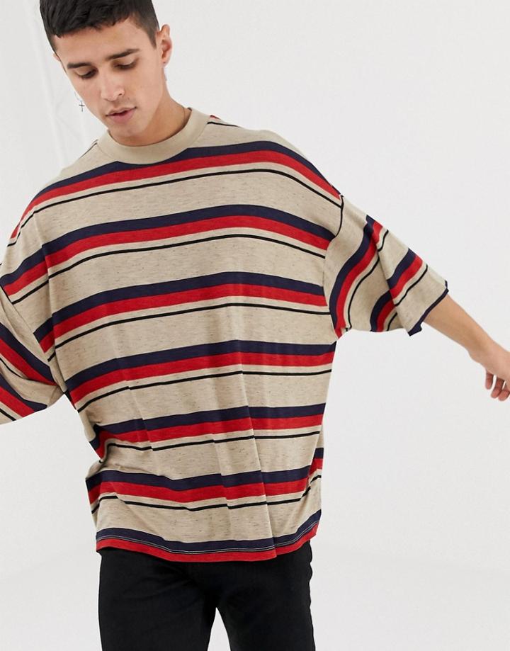 Asos Design Oversized Striped T-shirt In Slub With Half Sleeve - Brown