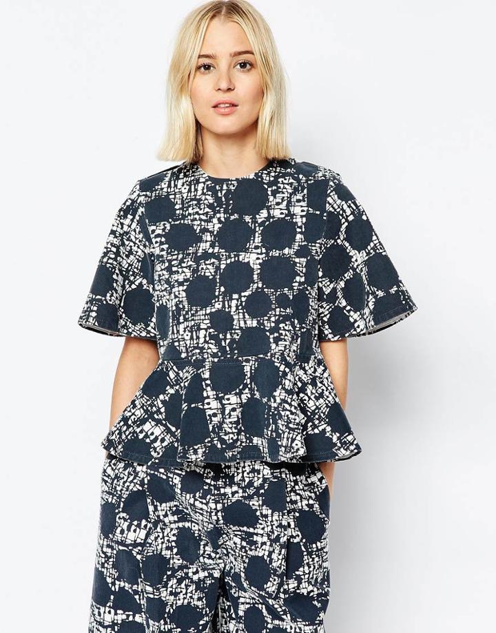Asos White Peplum Denim Top In Scribble Polka Dot