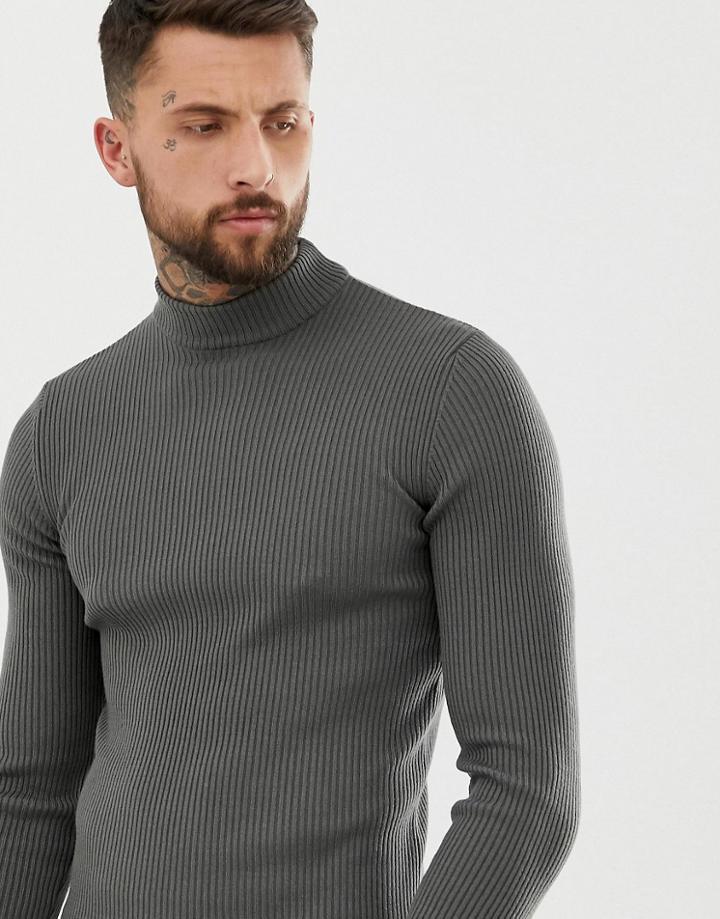 Asos Design Muscle Fit Ribbed Turtleneck Sweater In Petrol Blue Twist-navy