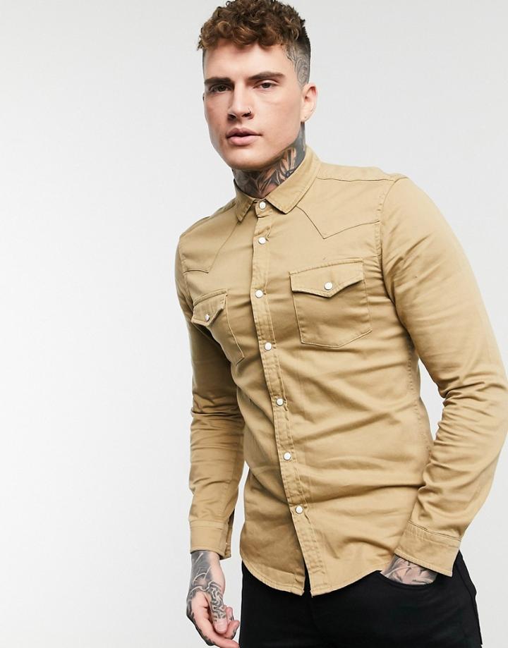 Asos Design Skinny Fit Western Organic Denim Shirt In Stone-neutral