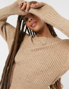 Pull & Bear Ribbed Crew Neck Sweater In Camel-brown