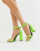 Asos Design Highlight Barely There Block Heeled Sandals In Neon Green-yellow