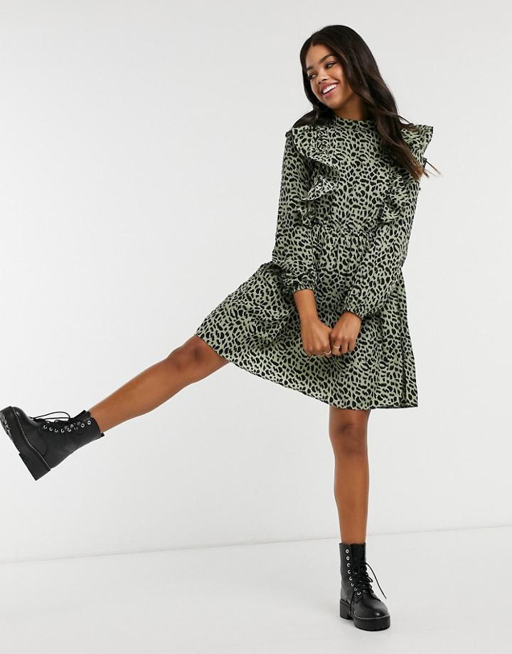 Pieces Mini Skater Dress With Ruffle Detail In Leopard Print-multi