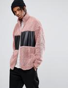 Asos Oversized Borg Track Jacket With Woven Cut & Sew - Pink