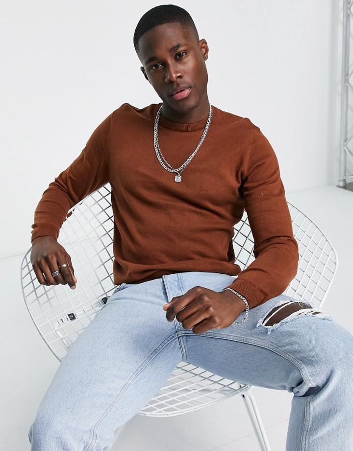 Asos Design Knitted Cotton Sweater In Brown