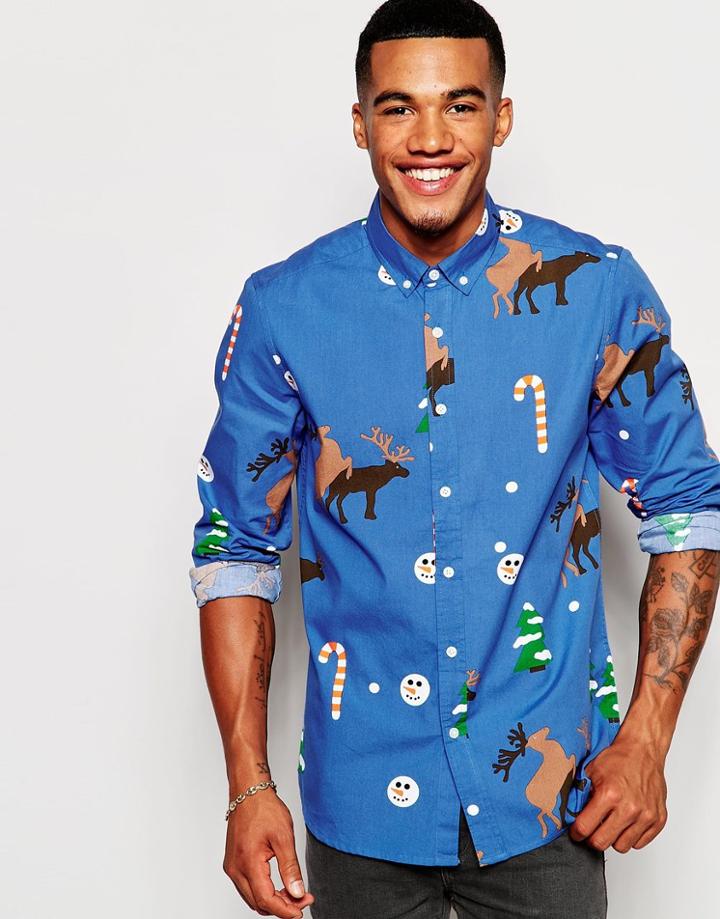 Asos Christmas Print Shirt In Long Sleeves - Navy