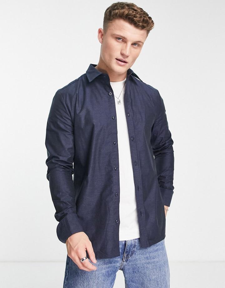 River Island Long Sleeve Herringbone Shirt In Navy
