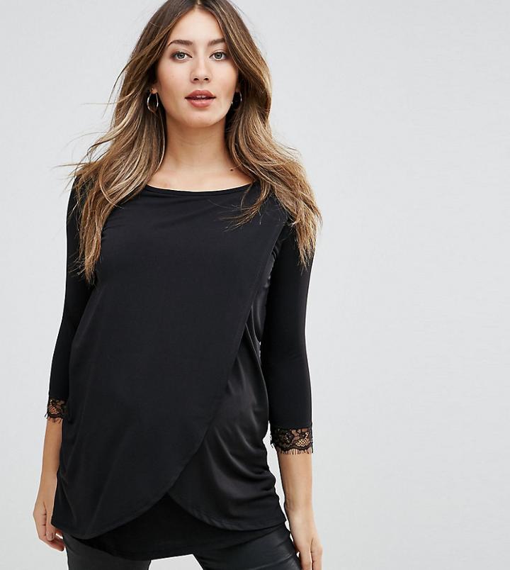 Bluebelle Maternity Wrap Over Top With Lace Cuff Detail - Black