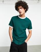 Asos Design Waffle T-shirt In Dark Green With White Contrast Ringer