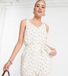 Pieces Tall Tie Waist Romper In Cream Floral-multi