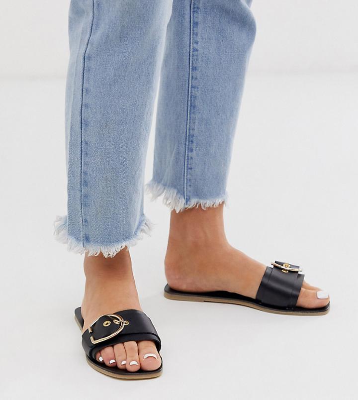 Asos Design Wide Fit Factual Leather Buckle Flat Sandals In Black - Black