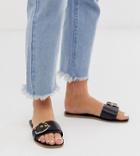 Asos Design Wide Fit Factual Leather Buckle Flat Sandals In Black - Black