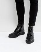 Asos Brogue Boots In Black Leather With Creeper Sole - Black