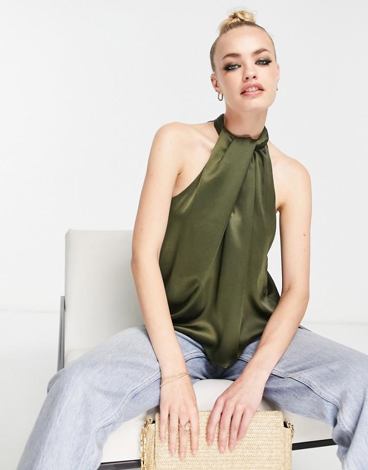 River Island Twist Neck Top In Chartreuse-green