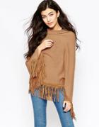 Iska Suede Fringed Poncho - Tan