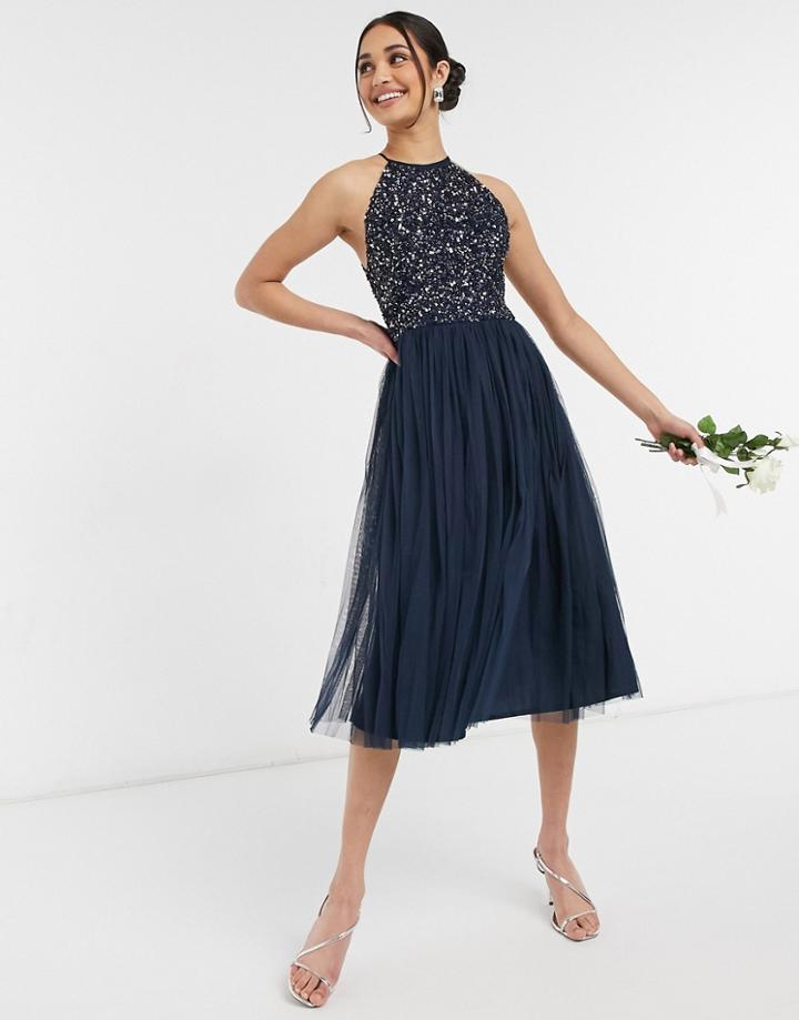 Maya Bridesmaid Halterneck Midi Tulle Dress With Tonal Delicate Sequin In Navy