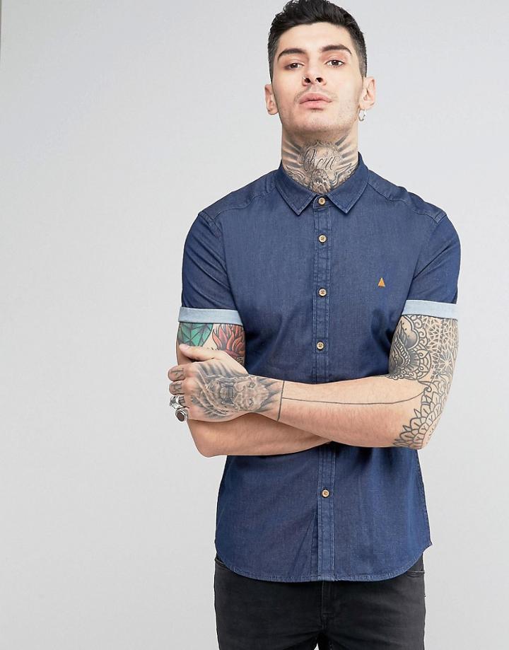Asos Skinny Denim Shirt In Rinse Wash With Logo - Navy