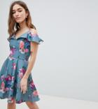 Chi Chi London Petite Printed Midi Dress With Cold Shoulder Detail-multi