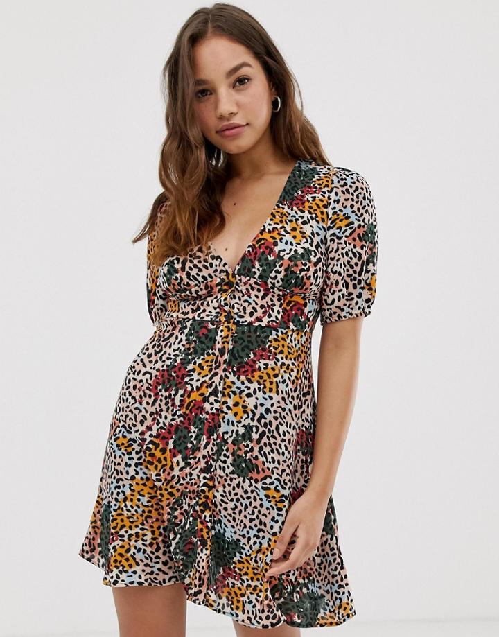 Pull & Bear Button Through Dress In Animal Print - Multi