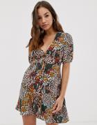 Pull & Bear Button Through Dress In Animal Print - Multi