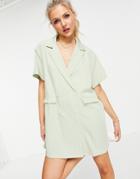 Lola May Double Breasted Blazer Dress In Sage Stripe-green