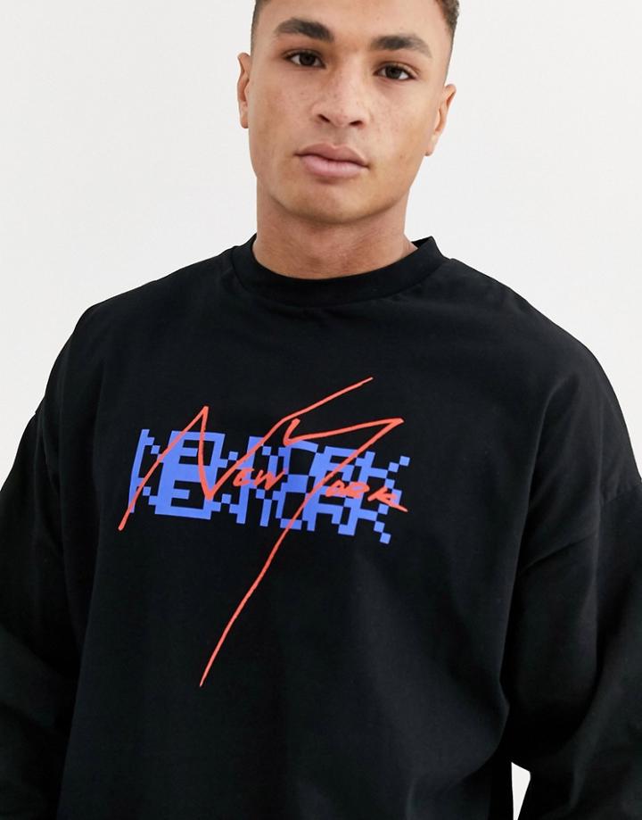 Asos Design Oversized Long Sleeve T-shirt With City Front Print-black