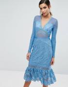 Three Floor Lace Midi Dress With Frill Hem - Blue