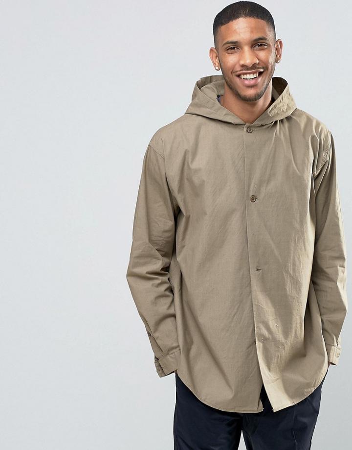 Asos Hooded Shirt In Khaki With Long Sleeves - Khaki