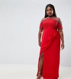 Virgos Lounge Plus Reign Embellished Cold Shoulder Maxi Dress With Wrap Skirt In Red - Red