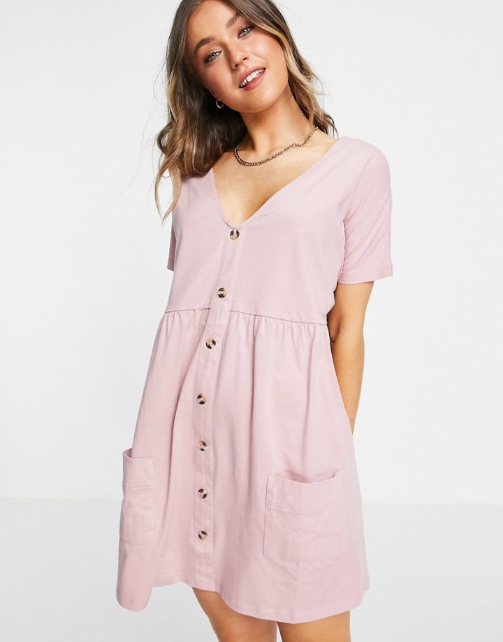 Asos Design Button Through Mini Smock Dress With Pockets In Rose-pink