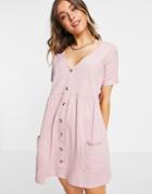 Asos Design Button Through Mini Smock Dress With Pockets In Rose-pink
