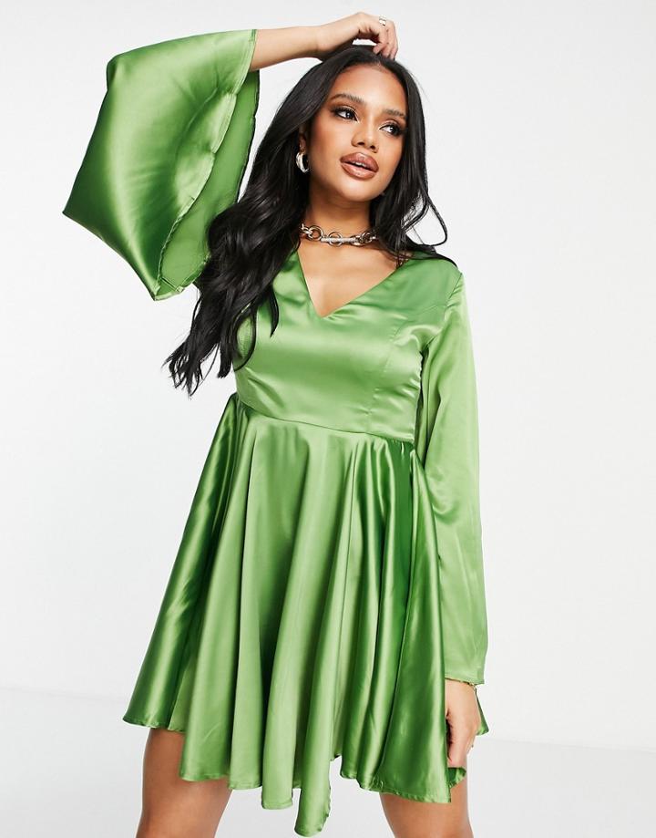 Ei8th Hour Exclusive Satin Skater Dress With Bell Sleeve In Green