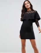 Asos Ruffle Front Lace Mix Bodycon Mini Dress - Black