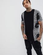 Asos Design Longline T-shirt With Bandana Panels And Curved Hem - Black