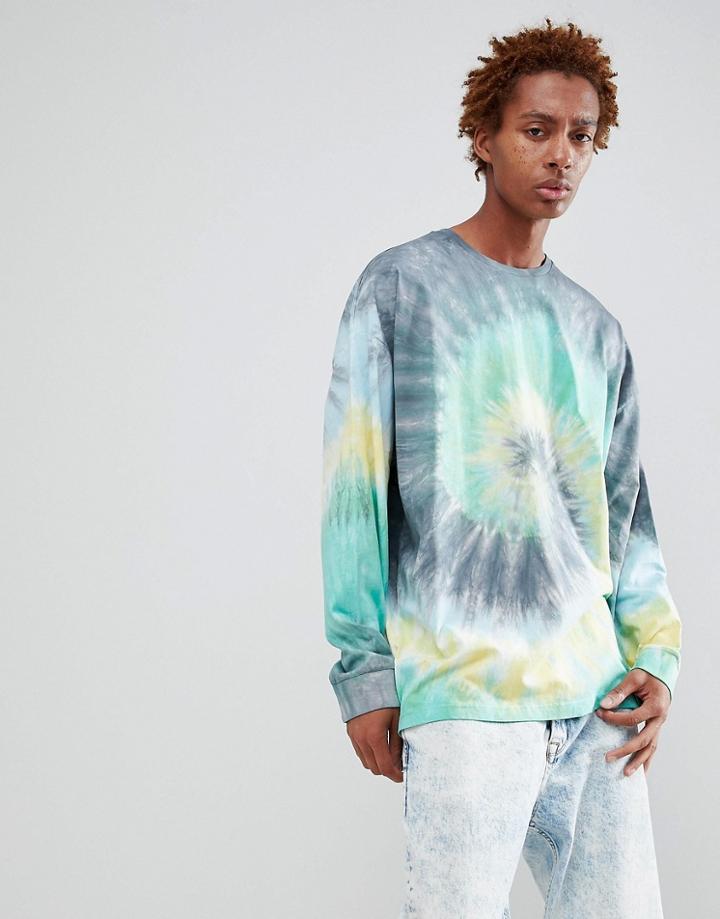Asos Design Oversized Longline Long Sleeve T-shirt With Spiral Tie Dye In Green - Multi