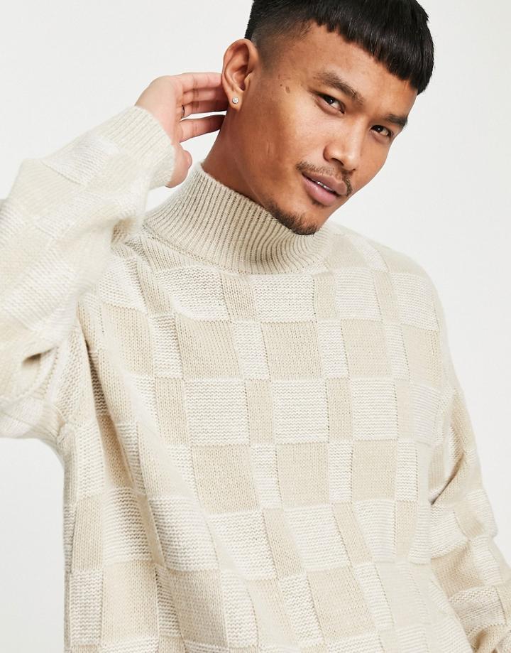 Asos Design Oversized Textured Knit Turtle Neck Sweater In Beige-neutral