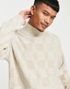 Asos Design Oversized Textured Knit Turtle Neck Sweater In Beige-neutral