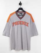Asos Design Oversized T-shirt With V Neck In Heather Gray With Collegiate Text Print-grey