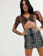 Without You Ring Detail Cut Out Long Sleeve Mini Dress In Contrast Snake Print-multi