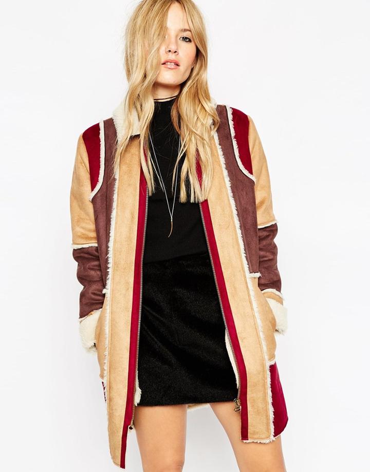 Asos Coat In Patchwork Faux Shearling - Multi