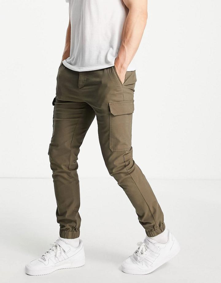 Asos Design Skinny Cargo Cuffed Pants In Khaki-green