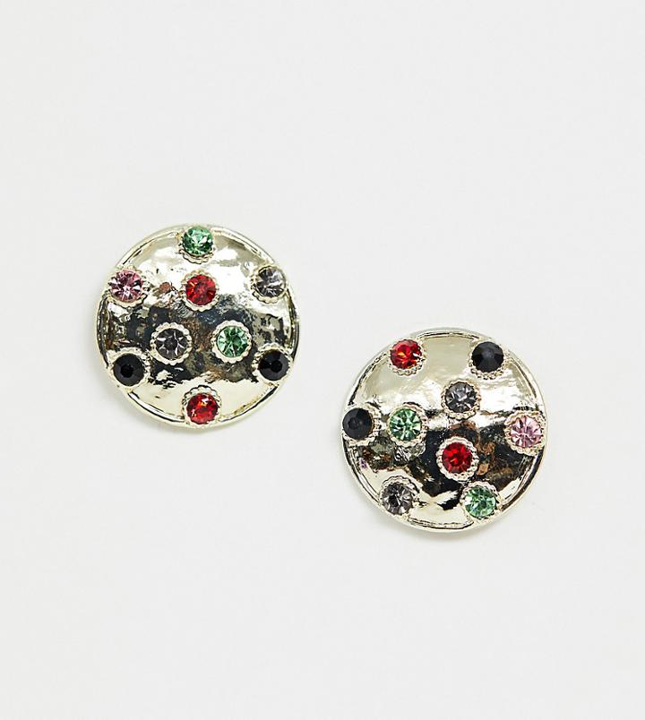 Glamorous Hammered Gold Disc Earrings With Multi Colored Gems