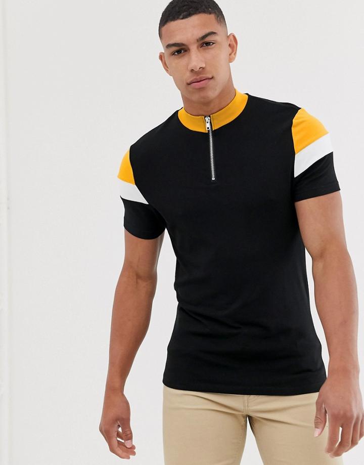 Asos Design Organic Skinny T-shirt With Turtle Zip Neck And Contrast Sleeves In Black - Black