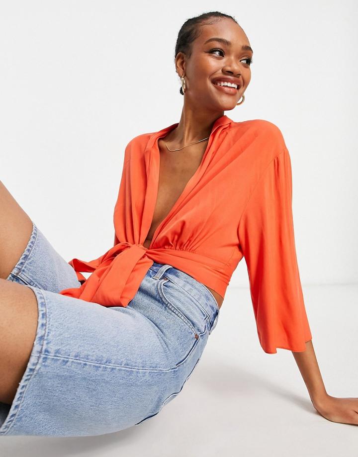 Asos Design Batwing Sleeve Wrap Top In Red