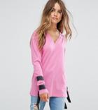 Asos Petite Top With Long Sleeve D-ring Tie Detail & Open Tie Back - Pink