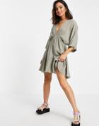 Asos Design V Front V Back Flare Skater Mini Dress In Khaki-green