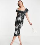 Asos Design Maternity Bardot Ruffle Midi Dress In Gray Floral-multi