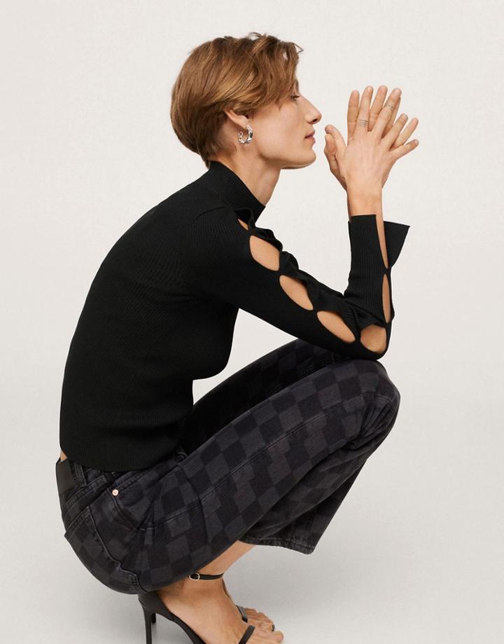 Mango Long Sleeved Polo Neck Top In Black With Cut Out Sleeve Detail